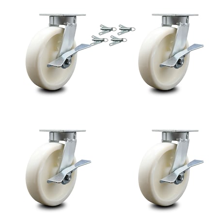Service Caster 8 Inch Kingpinless Nylon Wheel Swivel Caster Set with Brakes and Swivel Locks SCC-KP30S820-NYR-SLB-BSL-4